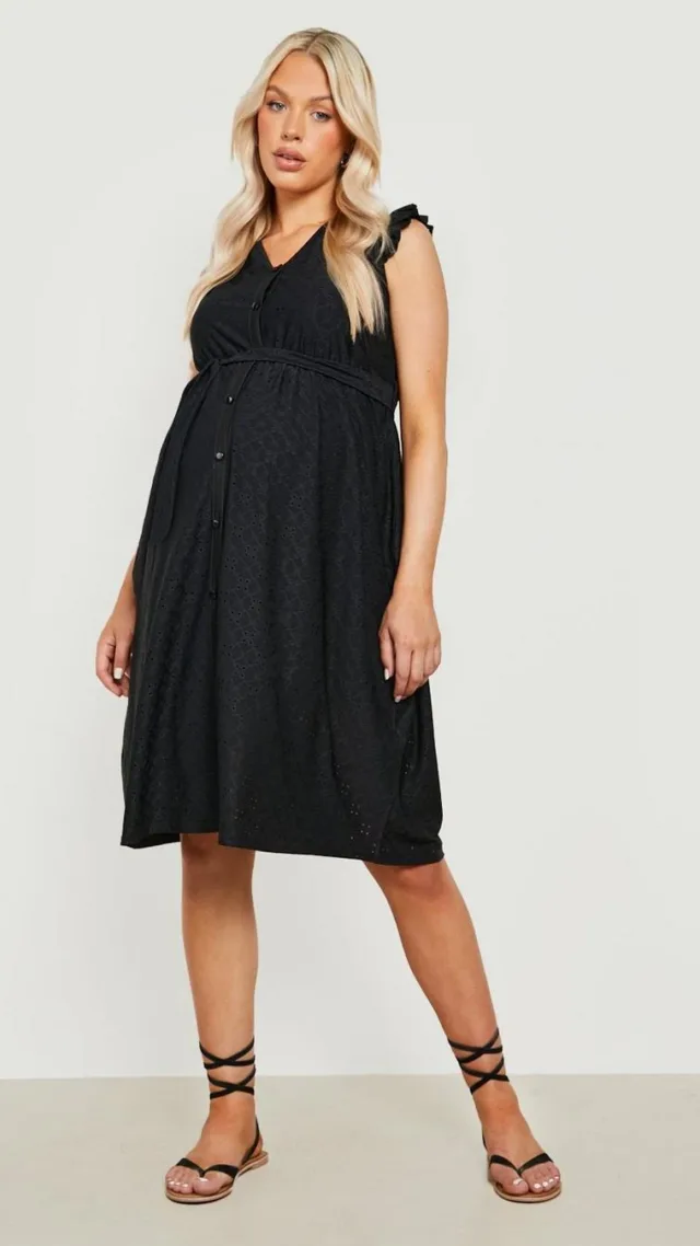 Black Maternity Eyelet Button Down Midi Dress