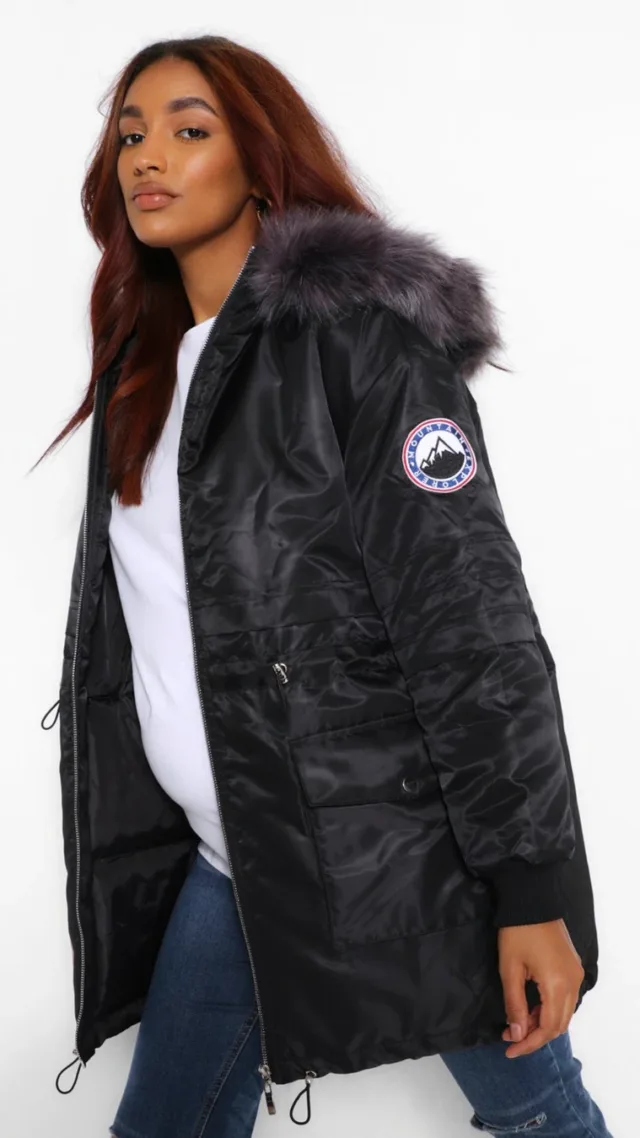 Black Maternity Faux Fur Trim Parka Coat