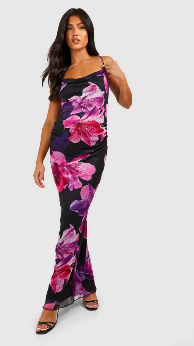 Black Maternity Floral Mesh Cowl Neck Maxi Dress