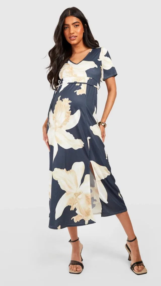 Black Maternity Floral Midi Tea Dress