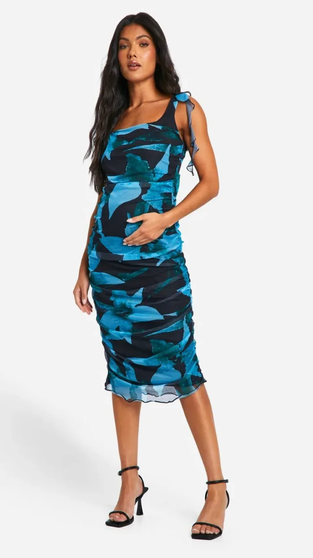 Black Maternity Floral Print Ruffle Ruched Mesh Midi Dress