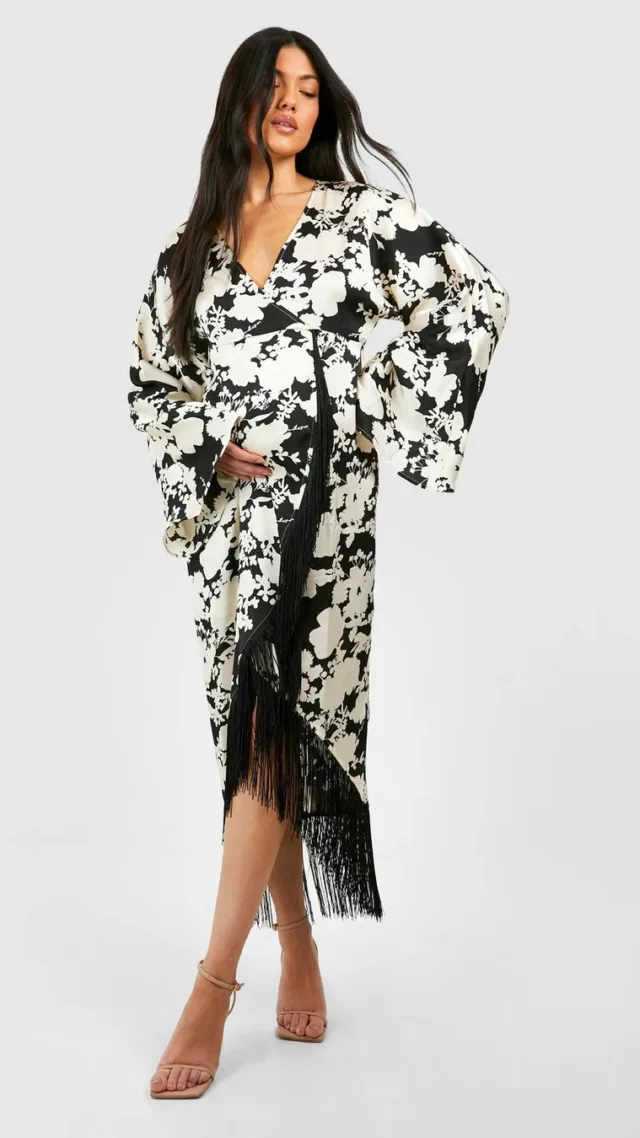 Black Maternity Floral Print Tassel Hem Wrap Dress