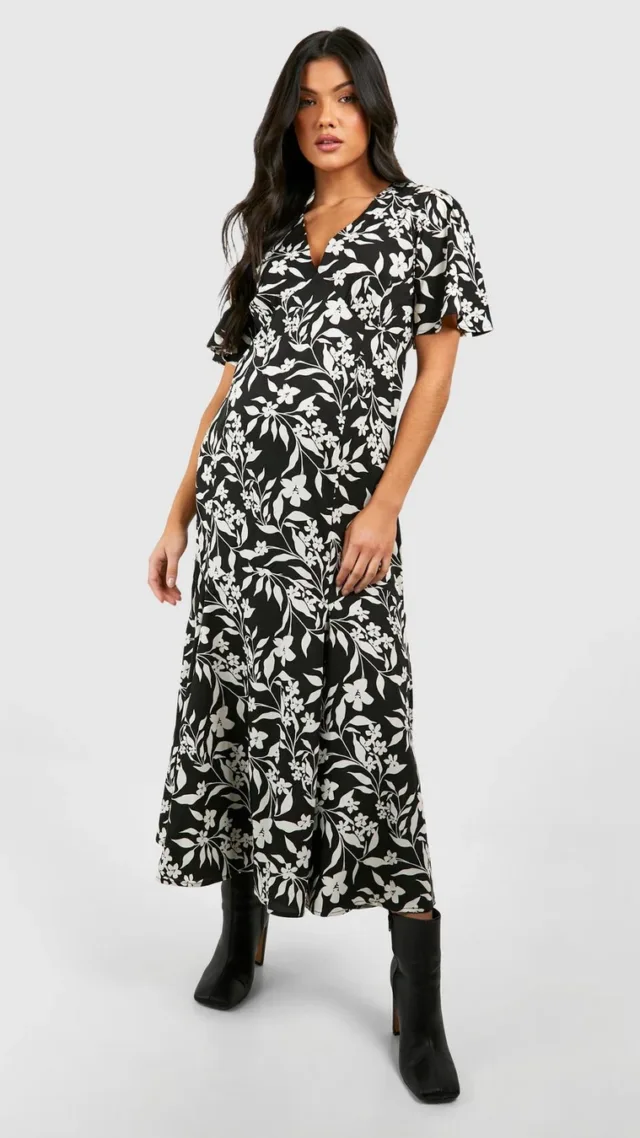 Black Maternity Floral Print V Neck Midi Dress