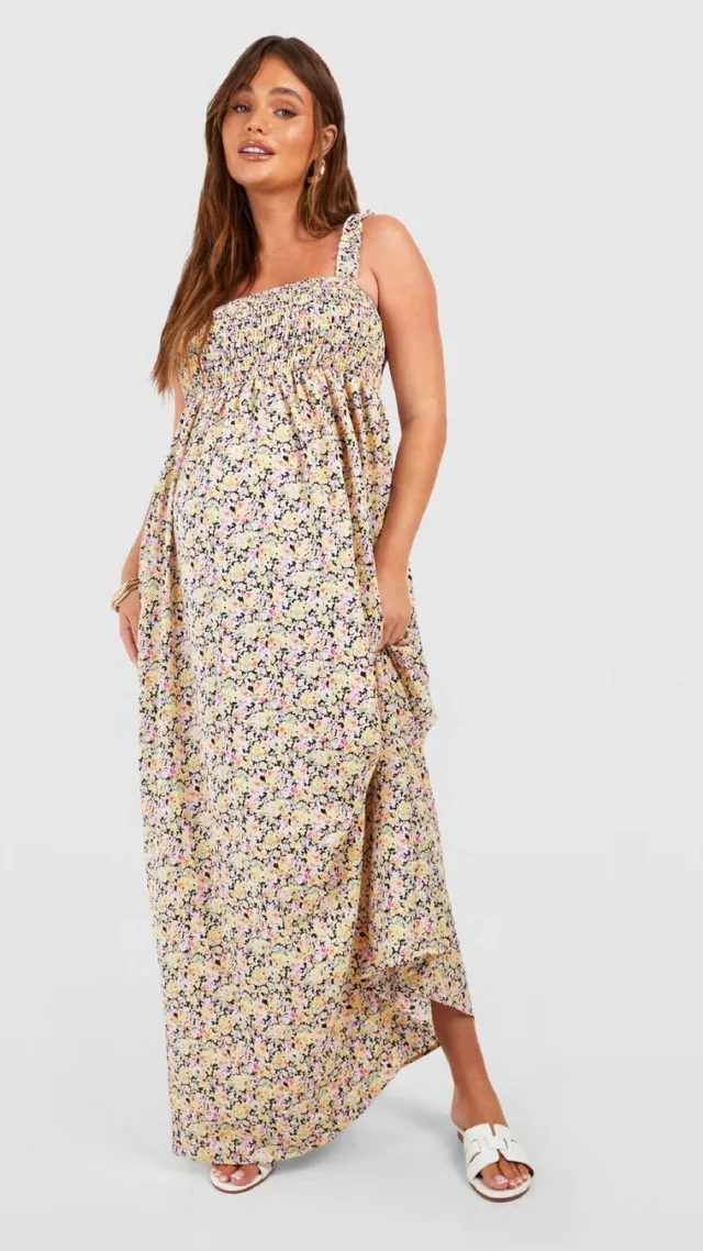 Black Maternity Floral Shirred Maxi Dress