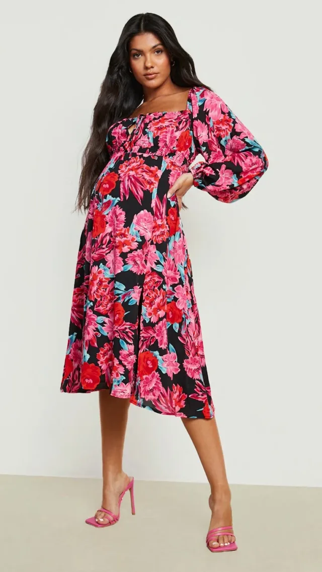 Black Maternity Floral Square Neck Skater Dress