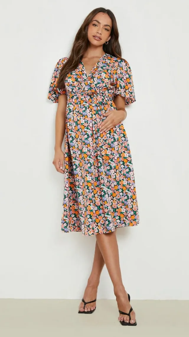 Black Maternity Floral Wrap Belted Midi Dress