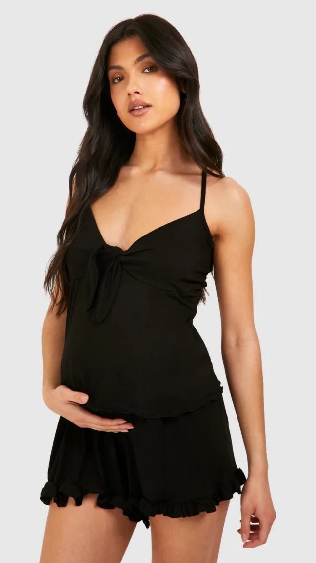 Black Maternity Frill Hem Cami And Short Pajama Set