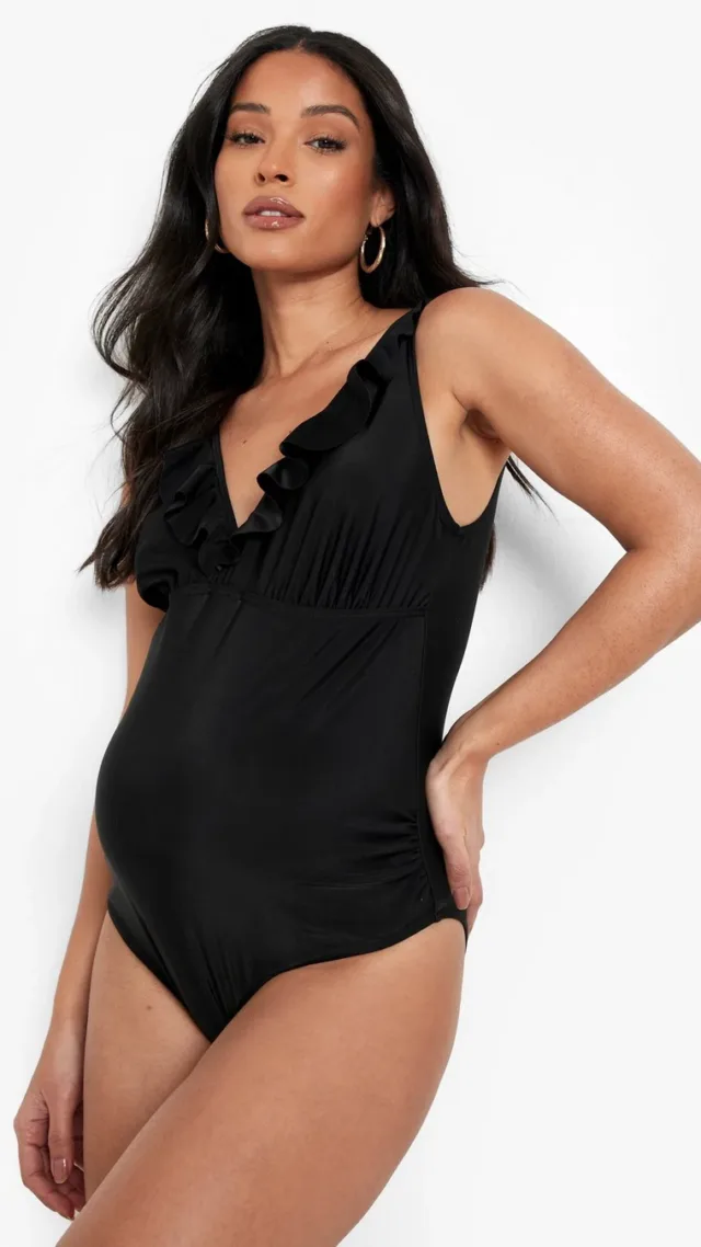 Black Maternity Frill Plunge Swimsuit