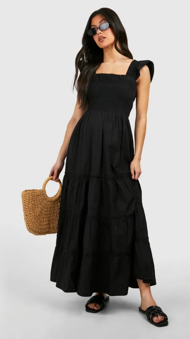 Black Maternity Frill Sleeve Midi Dress