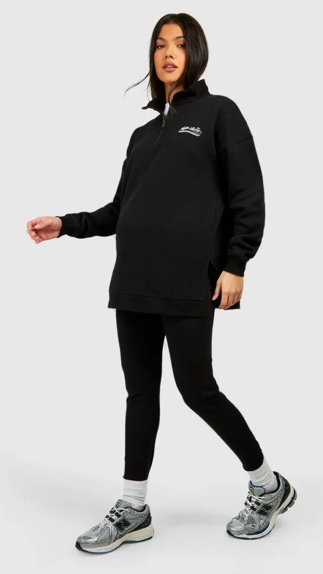 Black Maternity Half Zip Oversized Sweat And Rib Legging Set