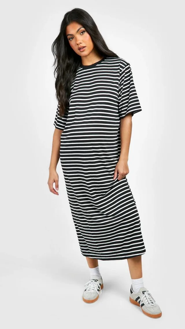 Black Maternity Jersey Knit Stripe Midi T-Shirt Dress