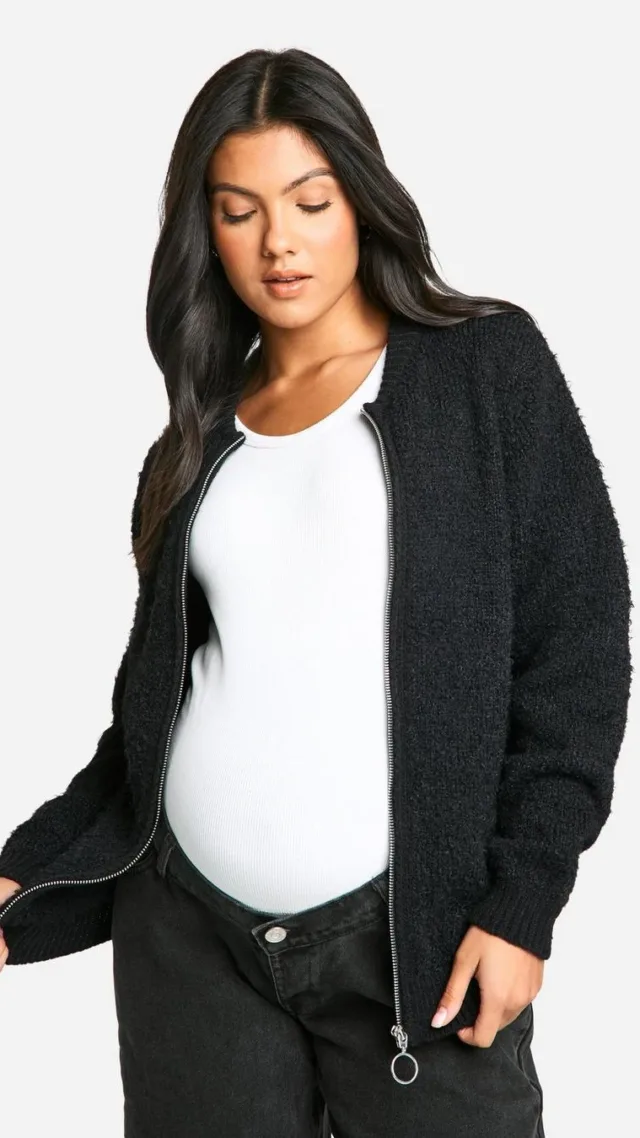 Black Maternity Knitted Bomber Jacket