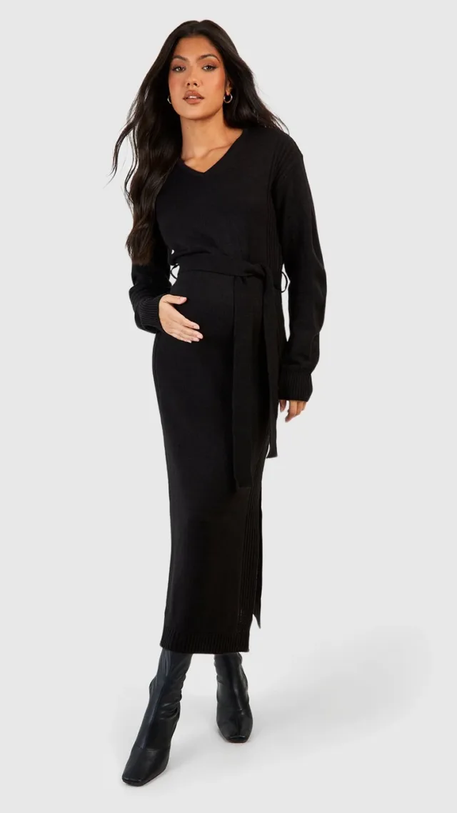 Black Maternity Knitted Split Midi Dress