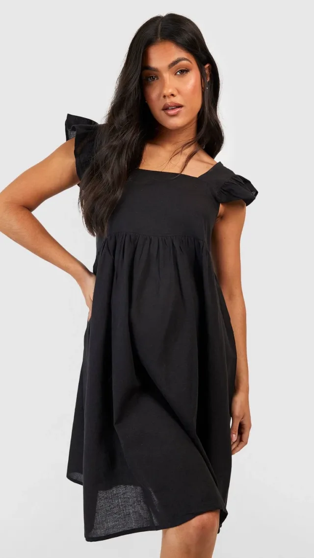 Black Maternity Linen Frill Sleeve Smock Dress