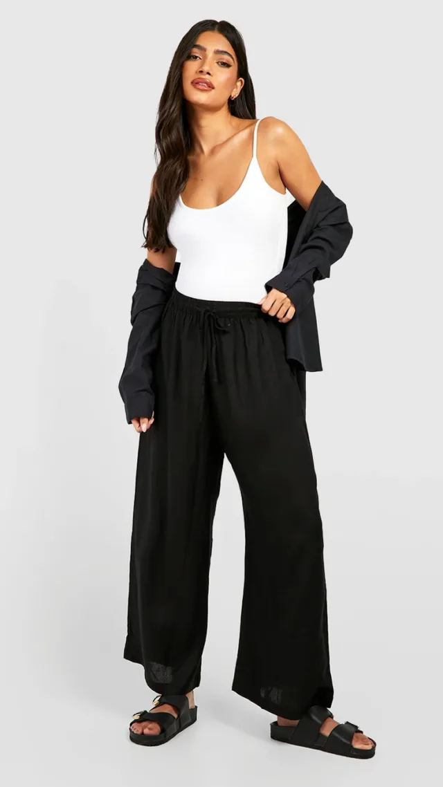 Black Maternity Linen Look Drawstring Wide Leg Culotte