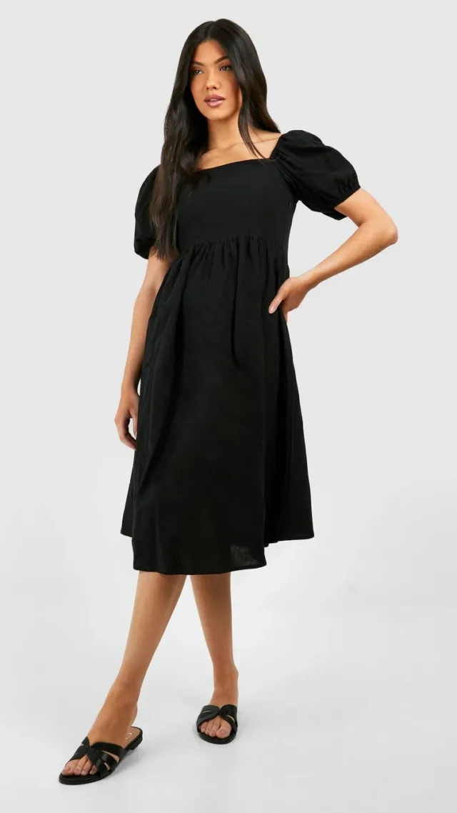 Black Maternity Linen Look Midi Smock Dress