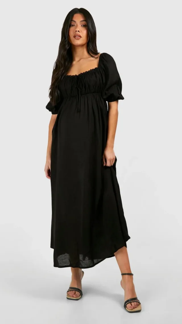 Black Maternity Linen Look Milk Maid Midi Dress