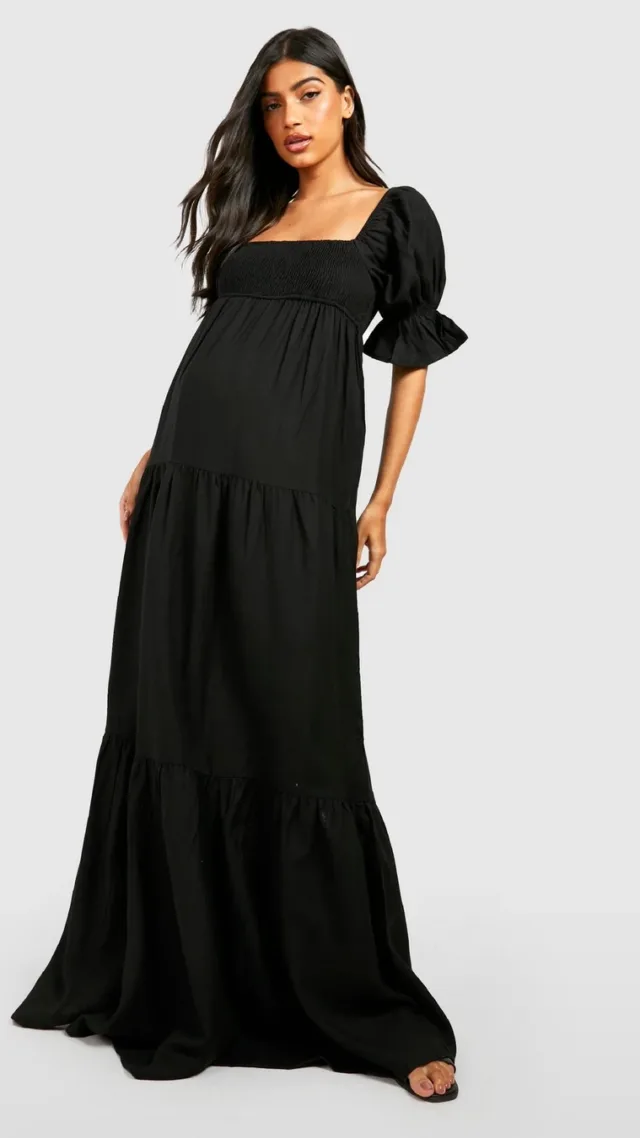 Black Maternity Linen Shirred Tiered Midi Dress