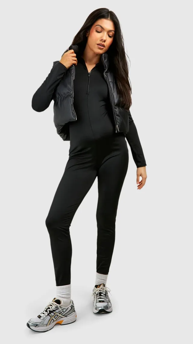 Black Maternity Matte Slinky Half Zip Unitard