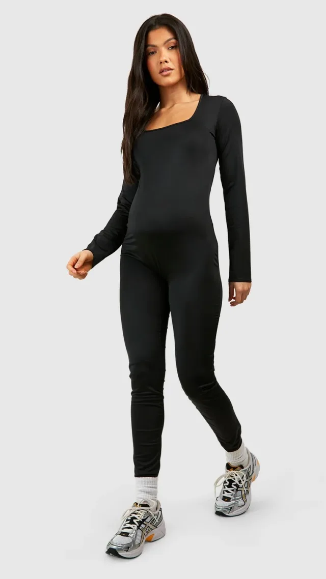 Black Maternity Matte Slinky Square Neck Unitard