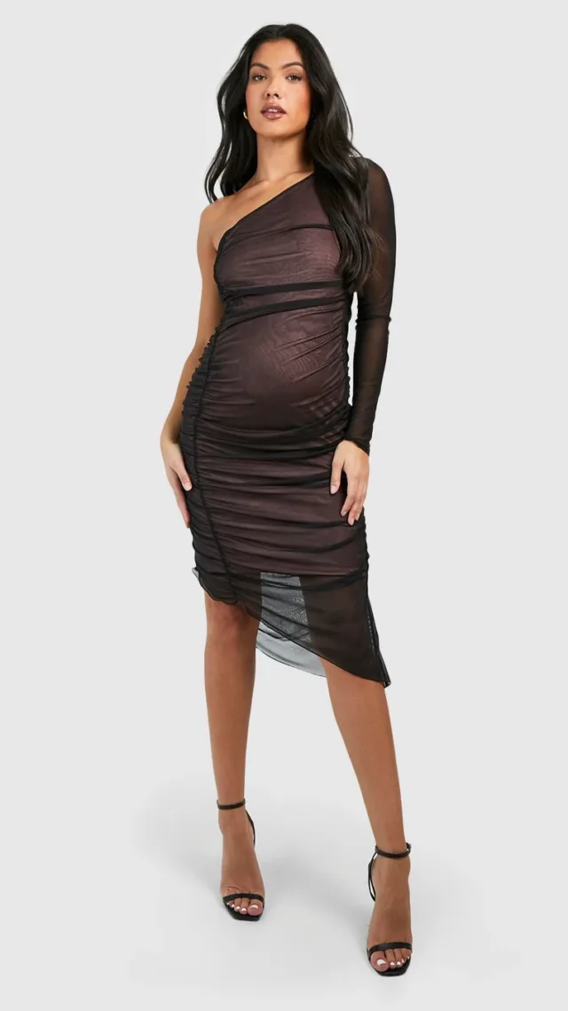 Black Maternity Mesh Asymmetric Midi Dress