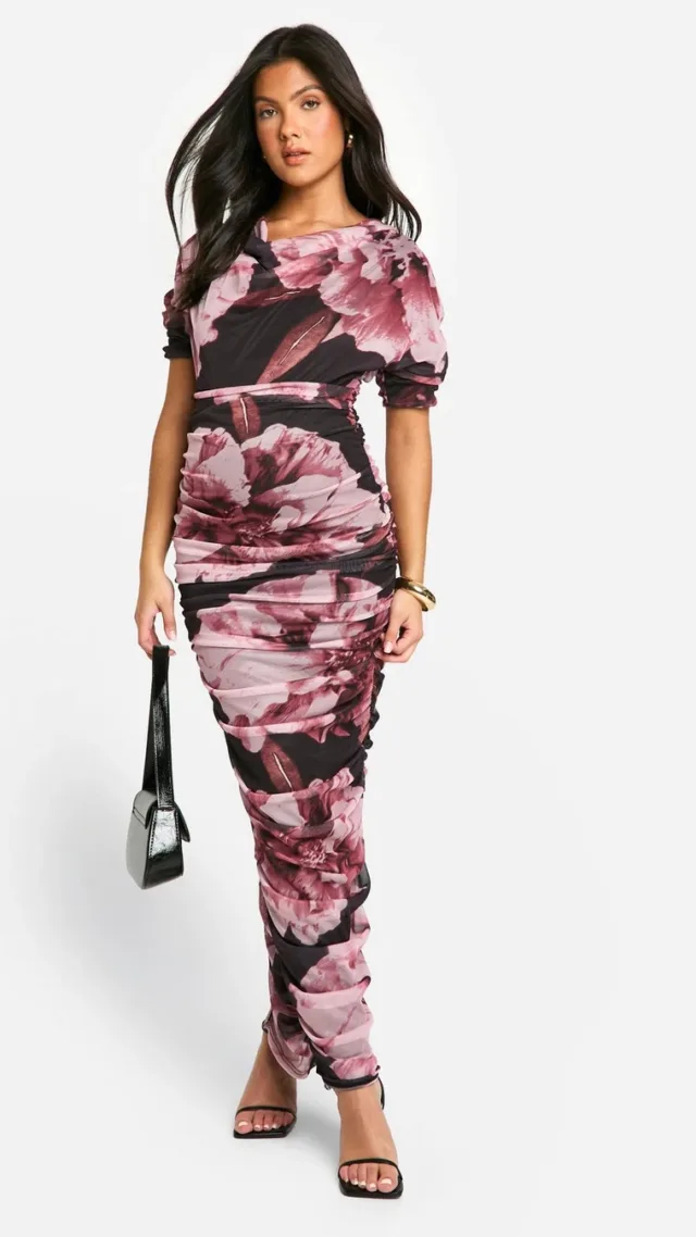 Black Maternity Mesh Floral Print Ruched Cowl Neck Short Sleeve Maxi Dress