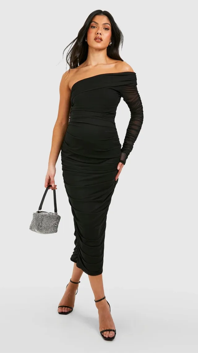 Black Maternity Mesh One Shoulder Ruched Midi Dress