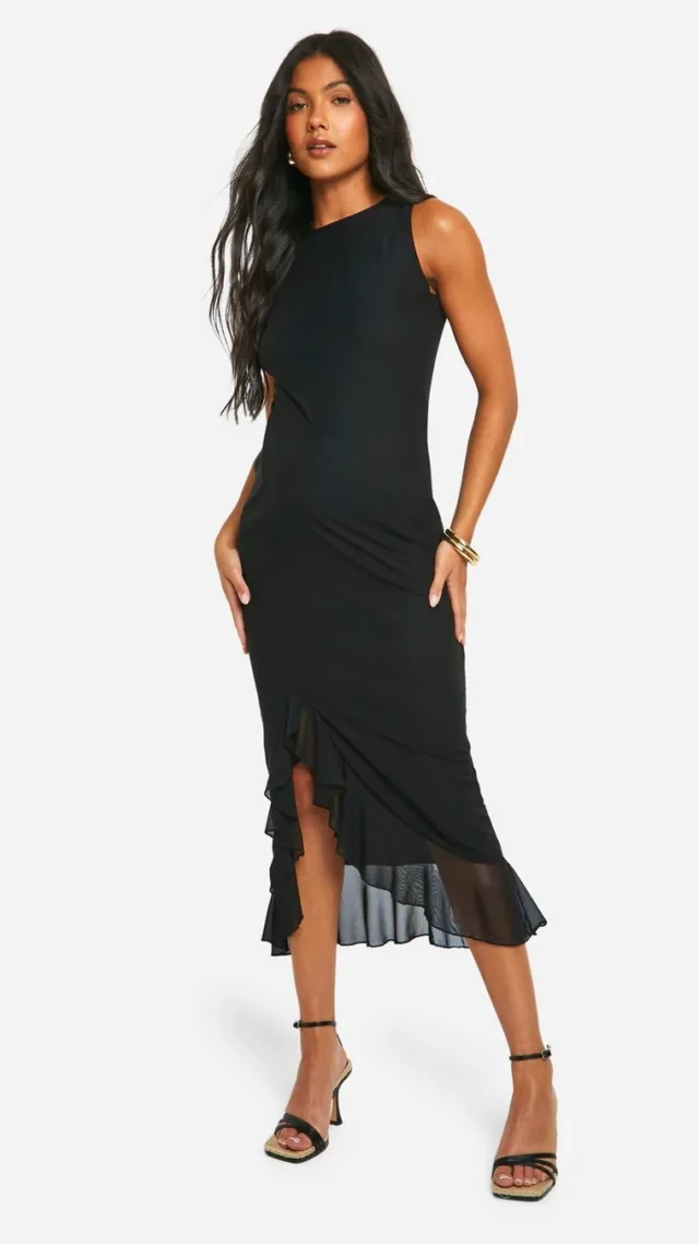 Black Maternity Mesh Racer Neck Frill Split Midi Dress