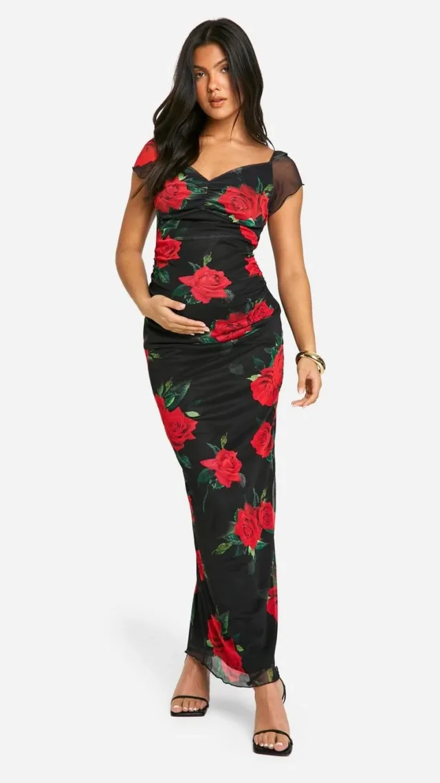 Black Maternity Mesh Rose Print Cap Sleeve Bodycon Midaxi Dress