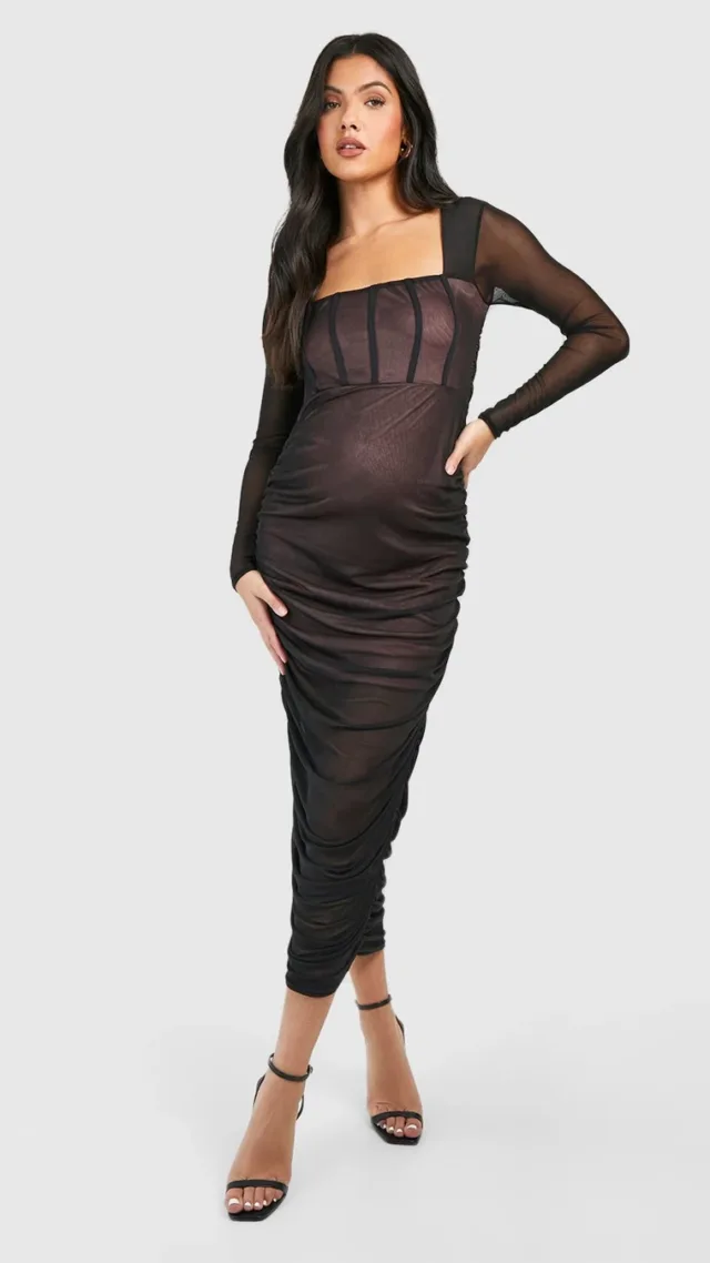 Black Maternity Mesh Square Neck Midi Dress