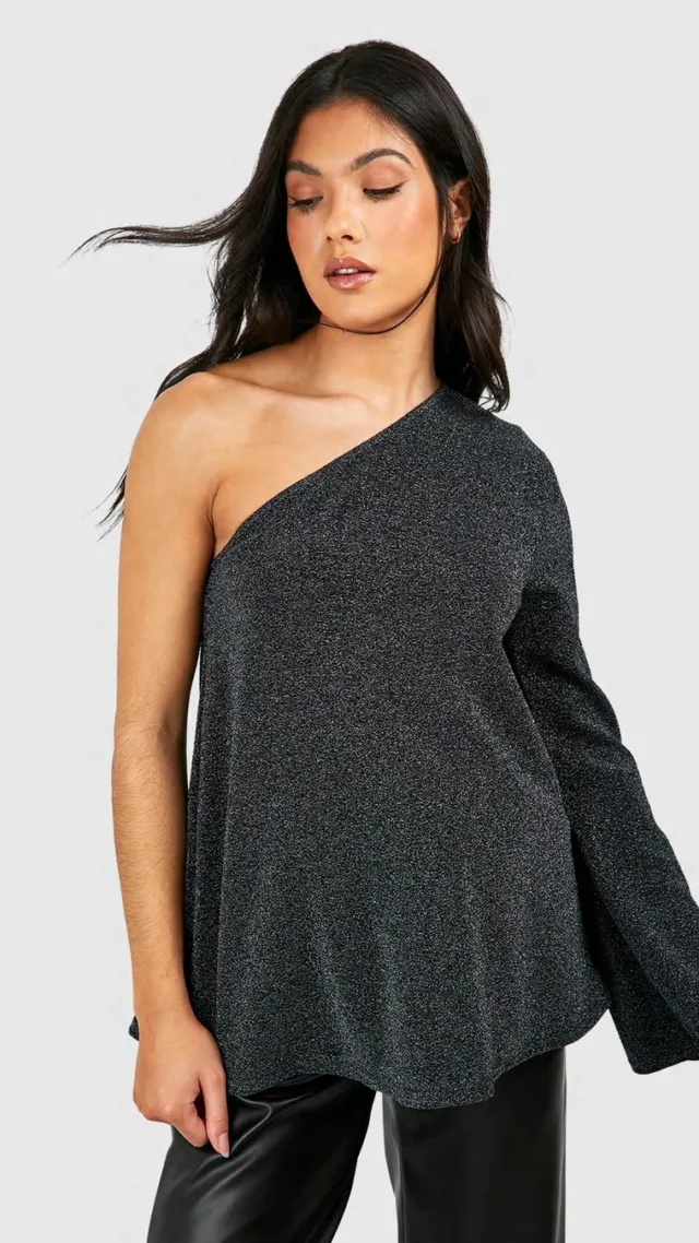 Black Maternity Metallic One Shoulder Flared Sleeve Top