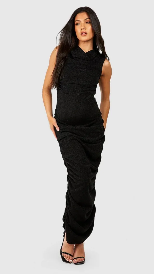 Black Maternity Metallic Ruched Cowl Detail Midi Dress