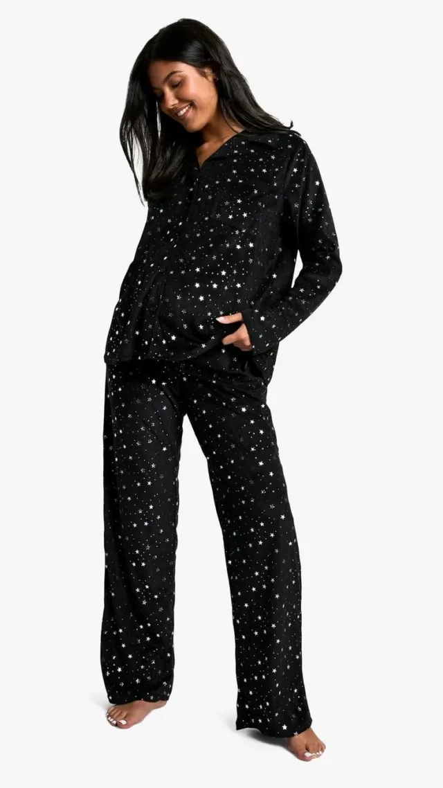 Black Maternity Metallic Star Fleece Pyjama Set