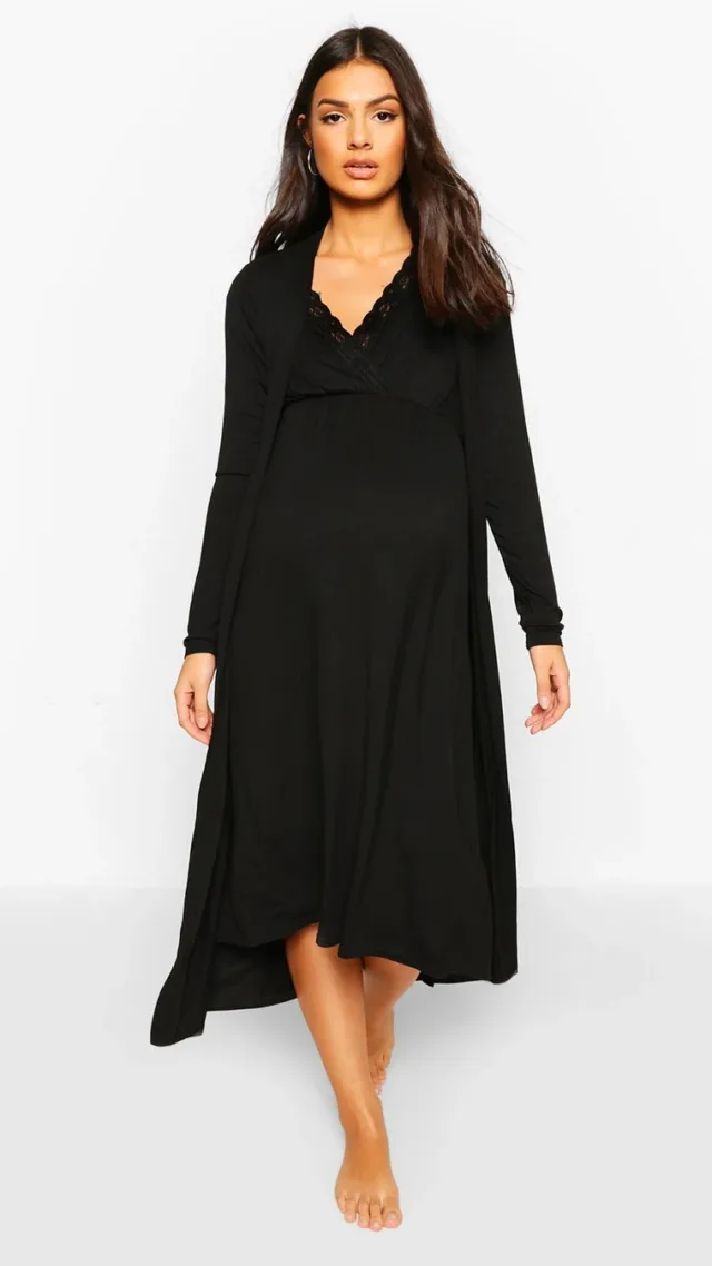 Black Maternity Nursing Nightgown & Robe Set