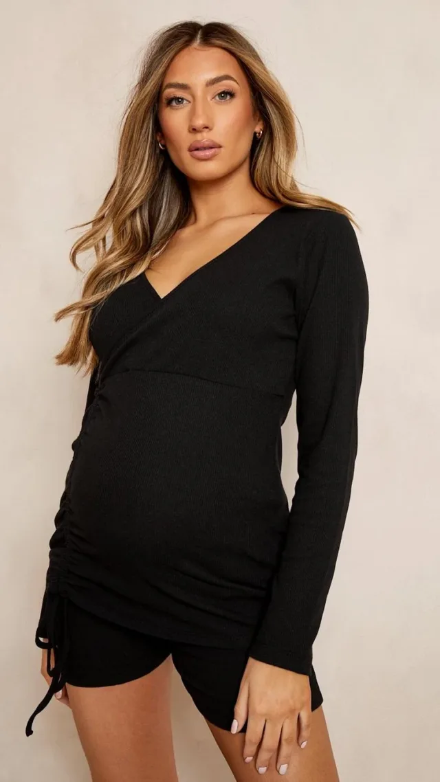 Black Maternity Nursing Wrap Ruched Side T-Shirt