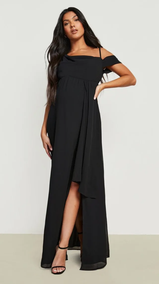 Black Maternity Occasion Drape Shoulder Maxi Dress