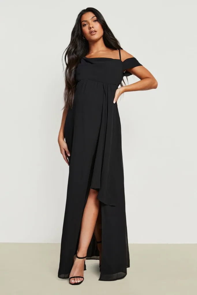 Black Maternity Occasion Drape Shoulder Maxi Dress