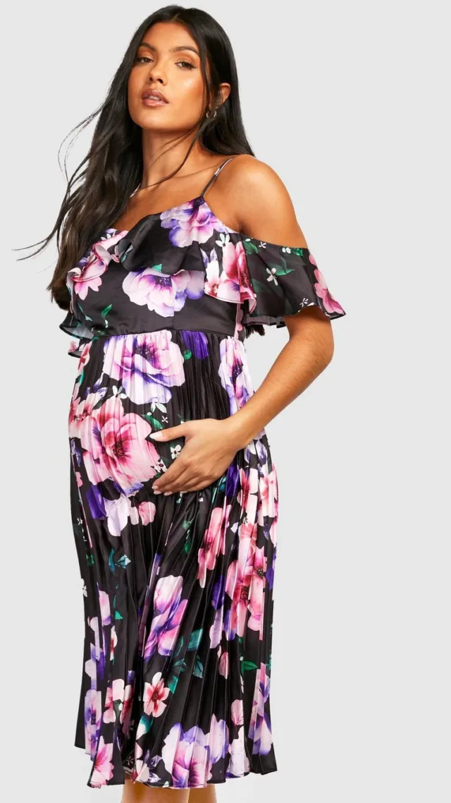 Black Maternity Occasion Floral Pleated Midi Dress