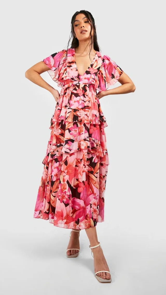 Black Maternity Occasion Floral Ruffle Midi Dress