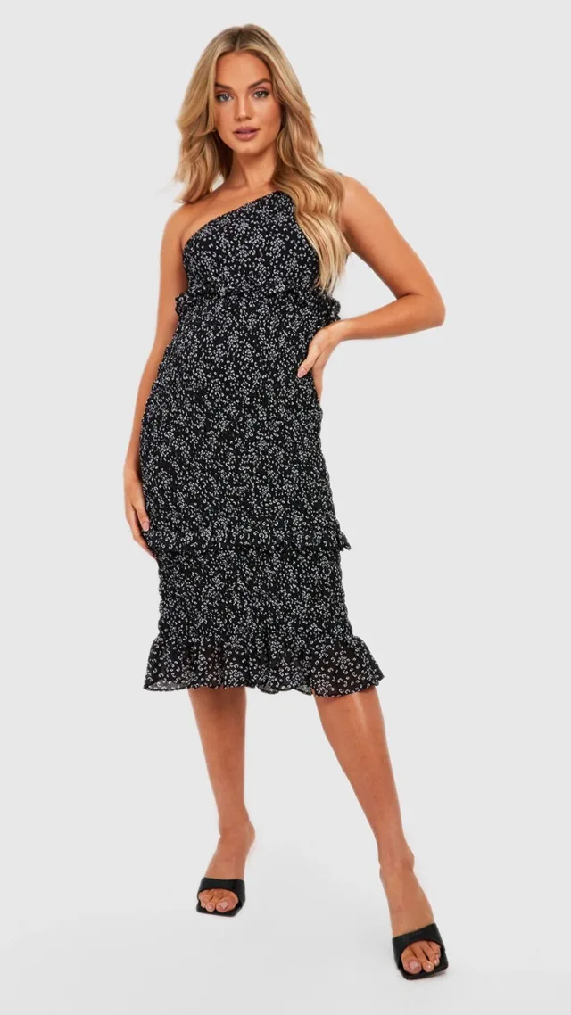 Black Maternity One Shoulder Shirred Midi Dress