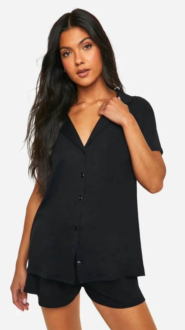 Black Maternity Peached Button Down Shirt And Short Pj Set