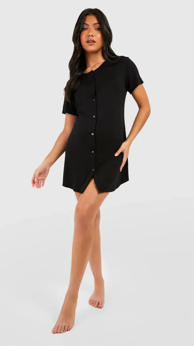 Black Maternity Peached Jersey Knit Button Down Nightgown