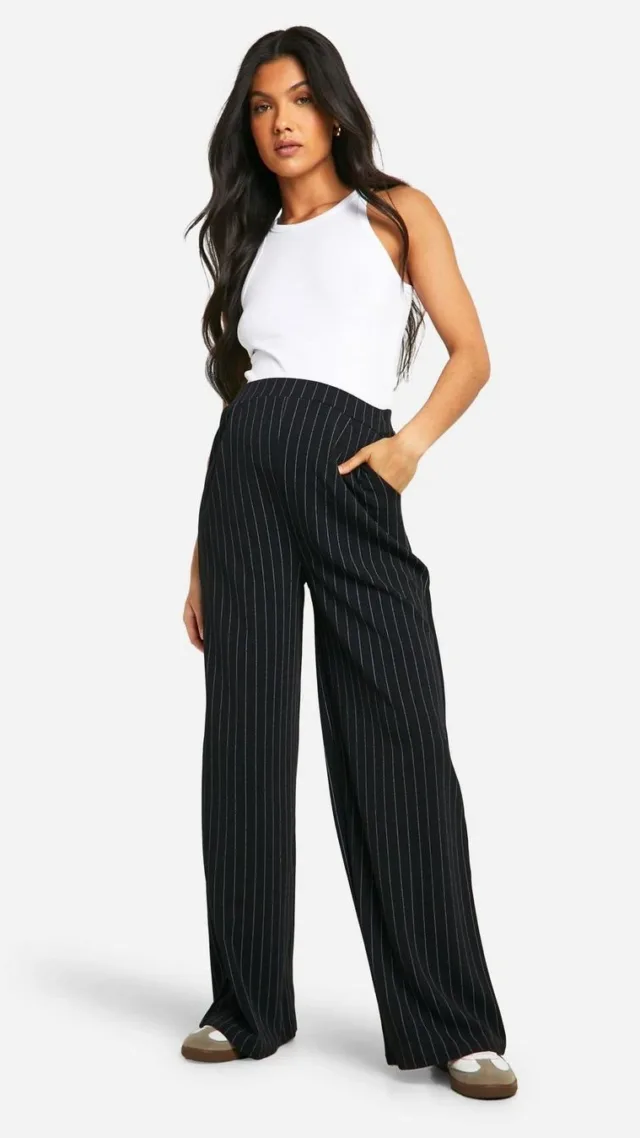 Black Maternity Pinstripe Crepe Wide Leg Dress Pants