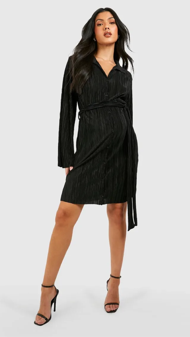 Black Maternity Plisse Belted Midi Dress