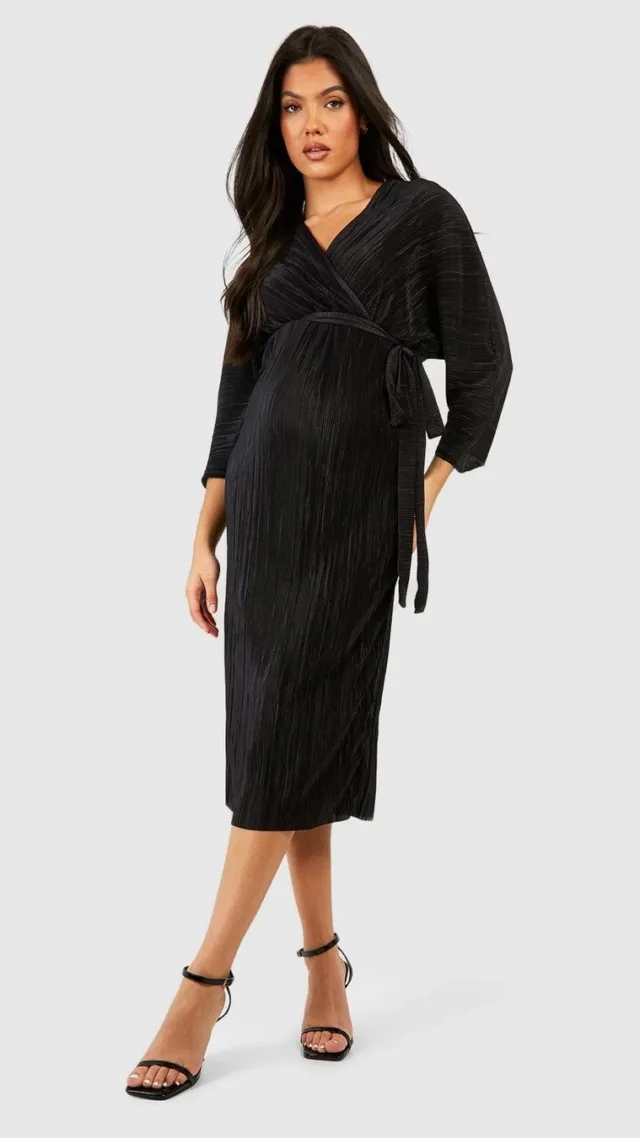 Black Maternity Plisse Belted Shirt Dress