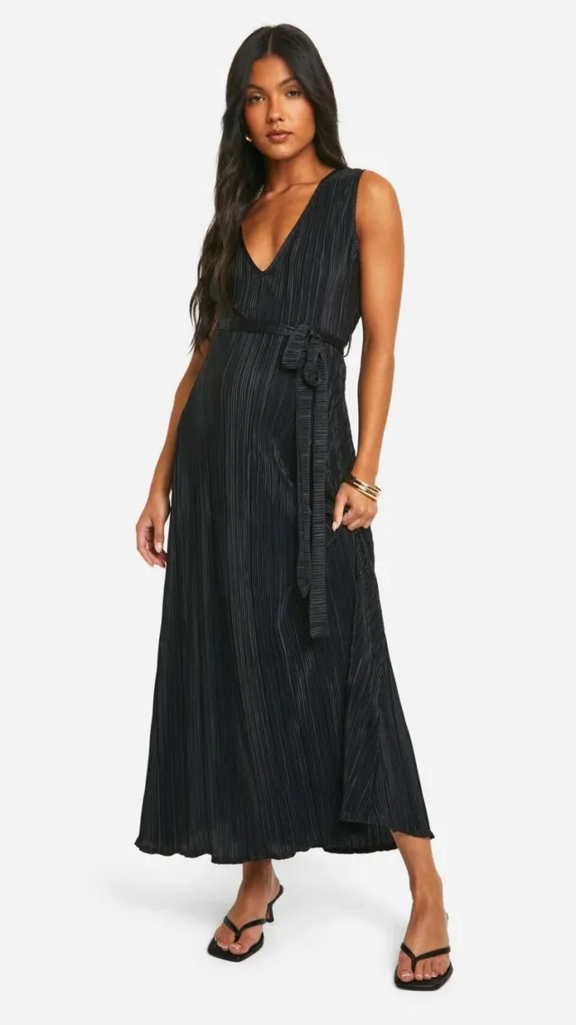 Black Maternity Plisse Belted V-Neck Midaxi Dress