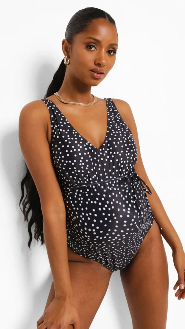 Black Maternity Polka Dot Tie Waist Swimsuit