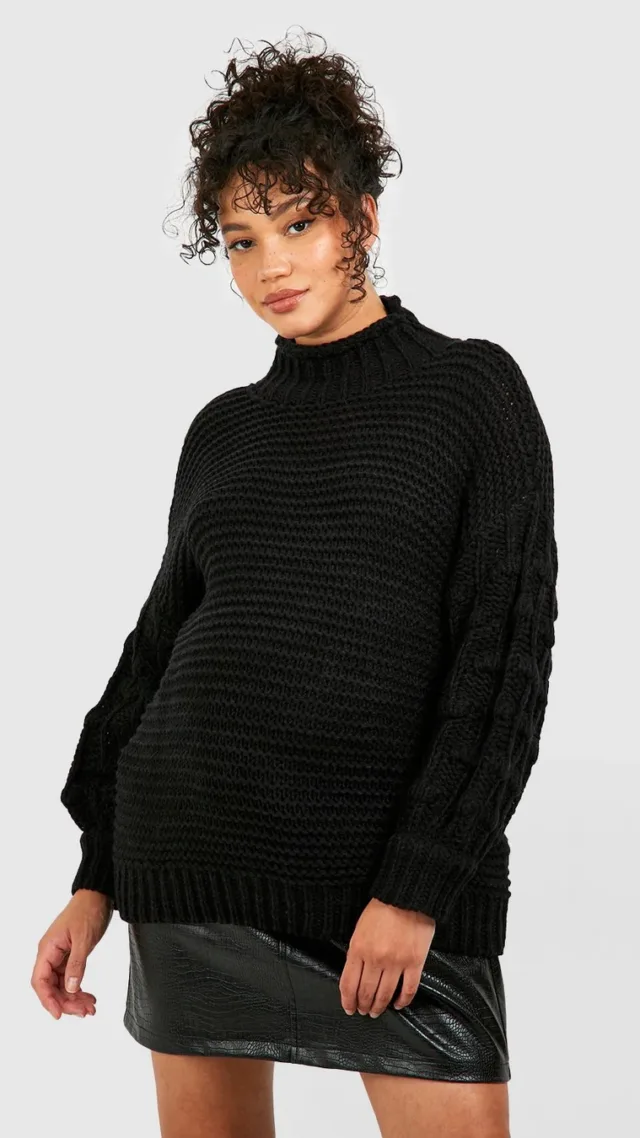 Black Maternity Premium Chunky Knit Turtleneck Sweater