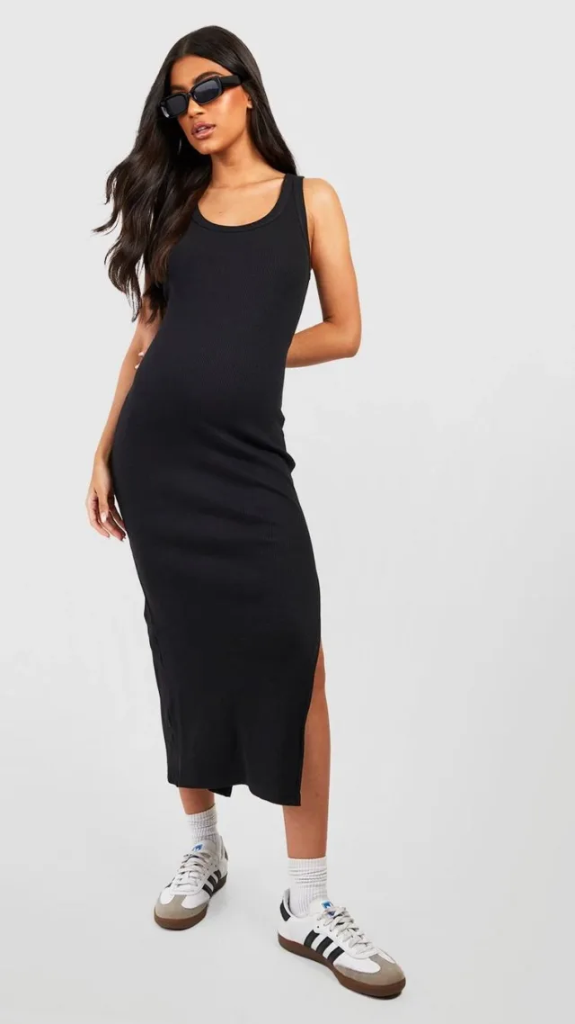 Black Maternity Premium Rib Split Midi Dress