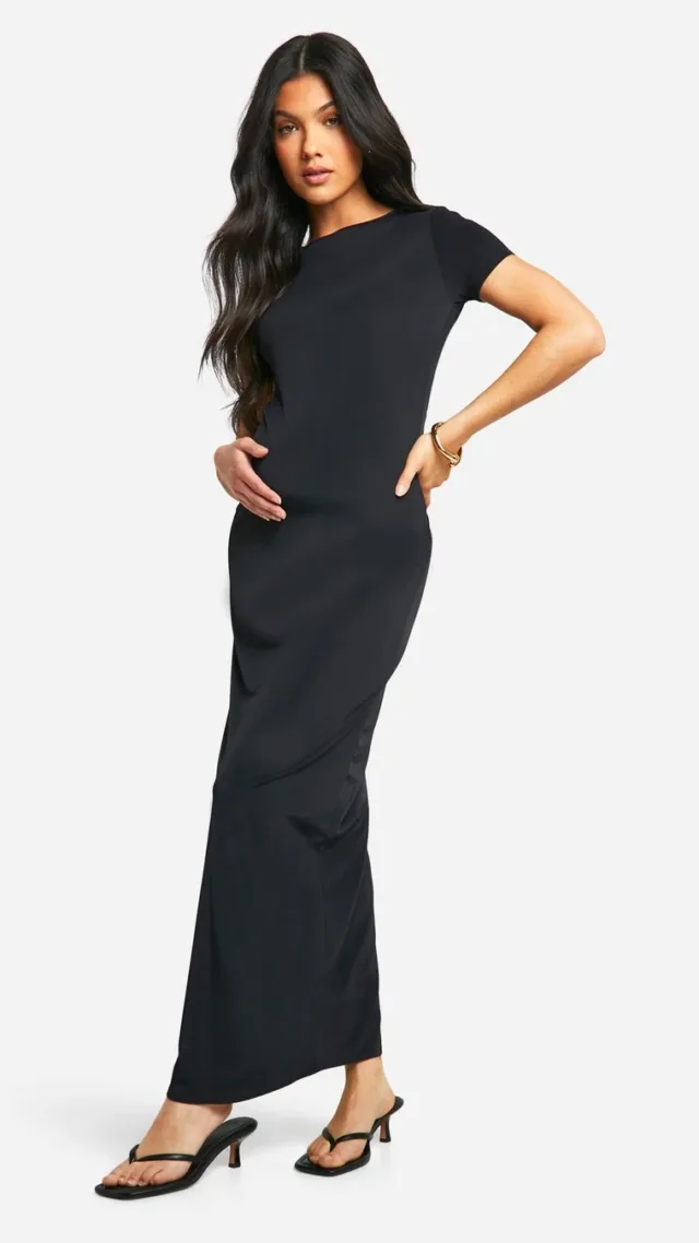 Black Maternity Premium Slinky Short Sleeve Maxi Dress